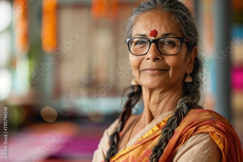 Smiling Indian woman wearing a saree with a bindi on her forehead, symbolizing cultural beauty
