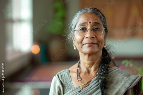 A cheerful Indian senior lady wearing a traditional saree and spectacles, exuding warmth and dignity