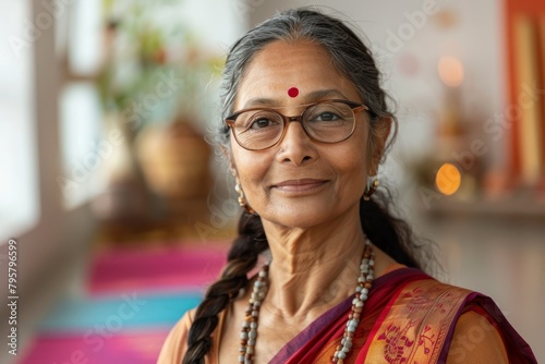 A dignified senior Indian woman in a traditional saree with green tinted glasses and a pleasant expression