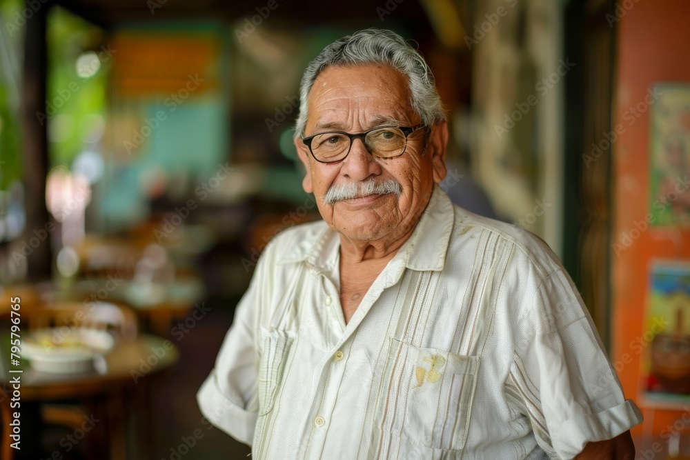 A mature man with an impressive mustache and wearing eyeglasses poses in a café, reflecting a life full of stories