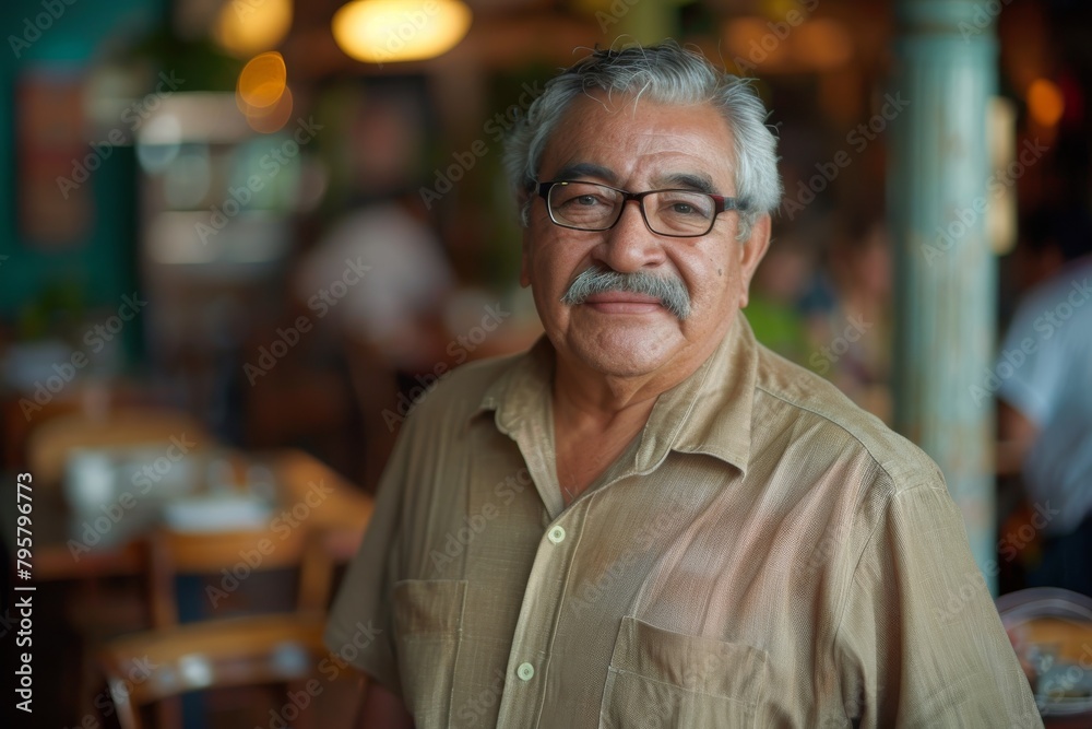 A reflective senior citizen with glasses and a thick mustache in a sandy shirt at a restaurant, depicting contemplation A reflective senior citizen with glasses and a thick mustache in a sandy shirt at a restaurant, depicting contemplation