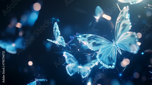 Abstract 3d rendering of flying butterfly with glowing particles. Bokeh background. © Robina