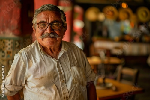 An aged man with a notable mustache smiles warmly inside a café with traditional décor, contributing to a feeling of comfort and nostalgia