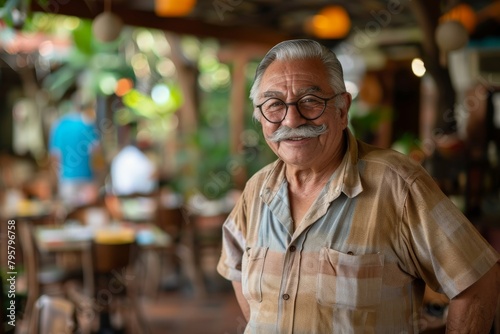 A joyous elderly gentleman poses in a striped shirt with a smart mustache at a café, exuding charm and confidence