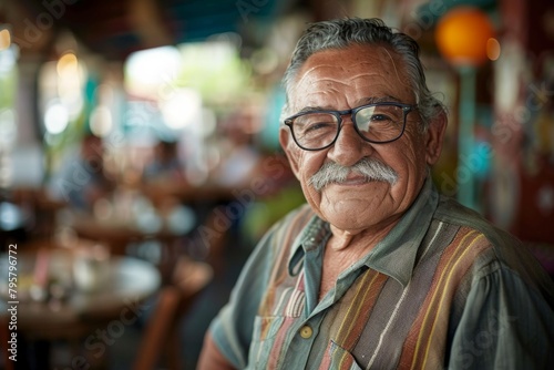A senior man is captured from behind, displaying the casual dining atmosphere with blurred background diners