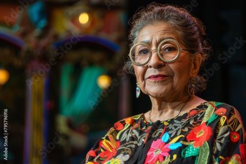 Confident senior woman with richly embroidered clothing and elegant glasses poses before a vibrant cultural background