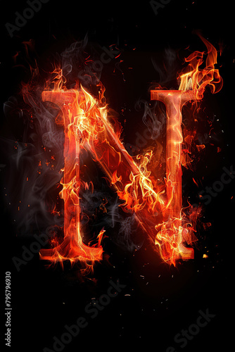 Fire font alphabet N made of burning fire letter on black background