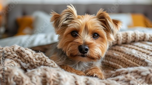 Yorkshire Terrier in a Cozy Bedroom with Copy Space. Concept Dog Photography, Cozy Home, Pet Portraits, Yorkshire Terrier, Copy Space