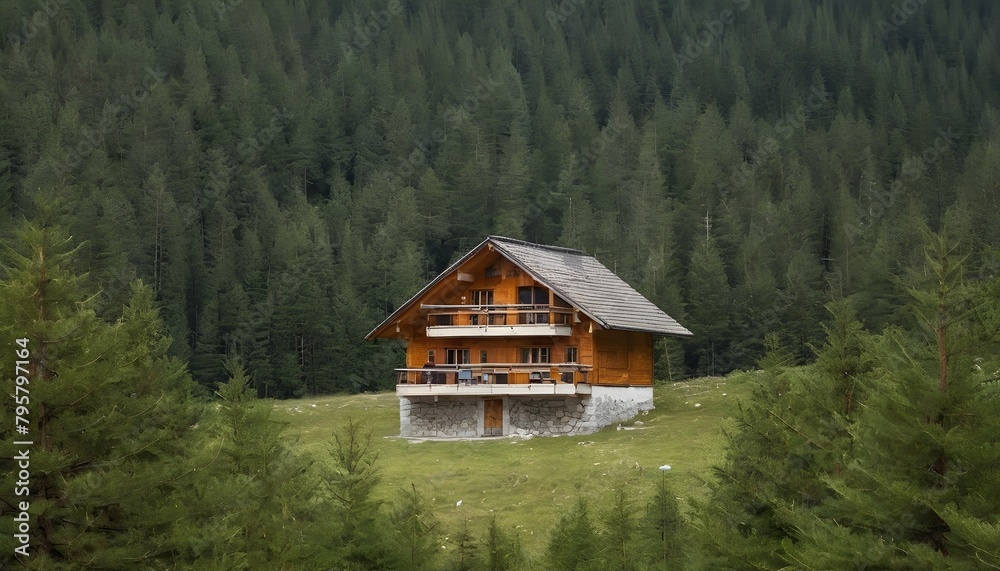 A mountain hut surrounded by towering pine trees