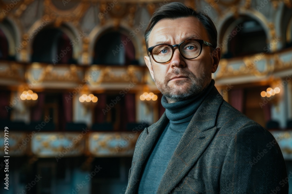 Confident middle-aged man standing in a luxurious theater setting with a serious expression, dressed in smart attire Confident middle-aged man standing in a luxurious theater setting with a serious expression, dressed in smart attire