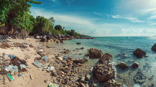 Scenic beach spoiled by extensive litter and plastic pollution in panoramic view