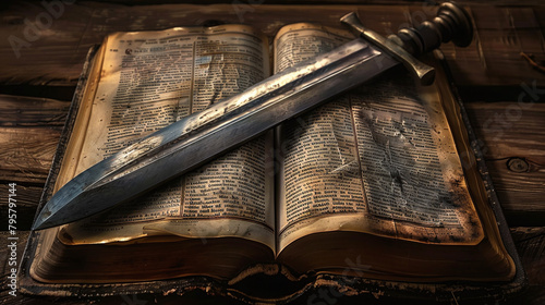 old book and sword as religious symbol photo