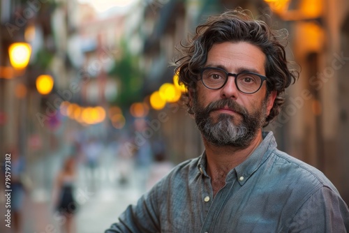 A mature man with glasses and a beard posing confidently with blurred street lights in the background