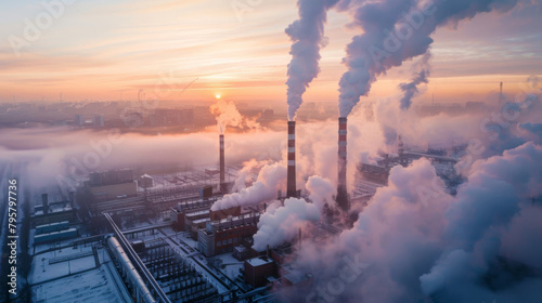 Aerial view of factories with smokestacks against a sunrise, illustrating air pollution