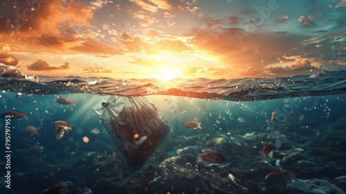 Stunning sunset scene with plastic pollution littering the ocean shore