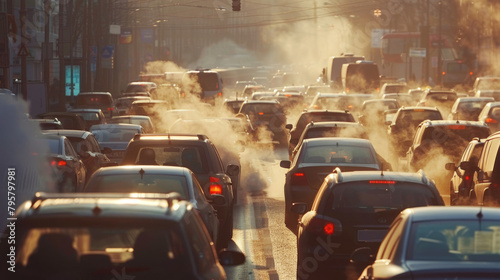 City street filled with cars emitting exhaust fumes, depicting air pollution photo