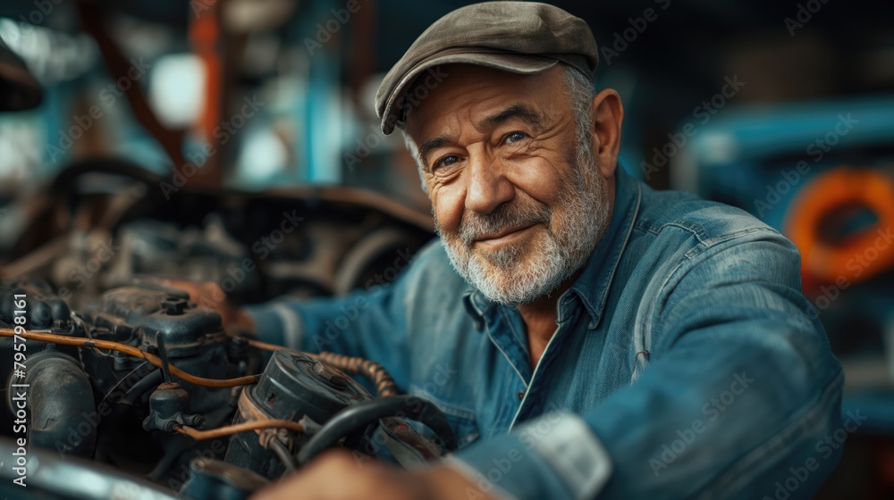 Portrait of a senior auto mechanic in his garage smiling at the camera.