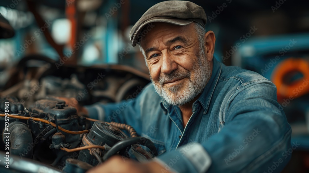 Portrait of a senior auto mechanic in his garage smiling at the camera. Portrait of a senior auto mechanic in his garage smiling at the camera.