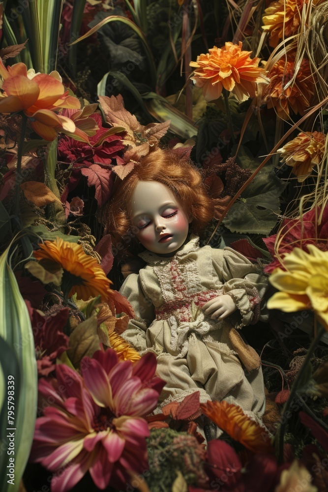 A doll amid giant flowers creates surreal, imaginative charm. 🌼🎀✨ A doll amid giant flowers creates surreal, imaginative charm. 🌼🎀✨