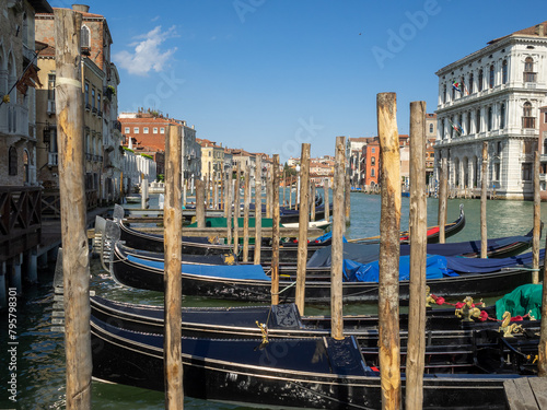 Linned gondolas docked in Venice's Grand Canal