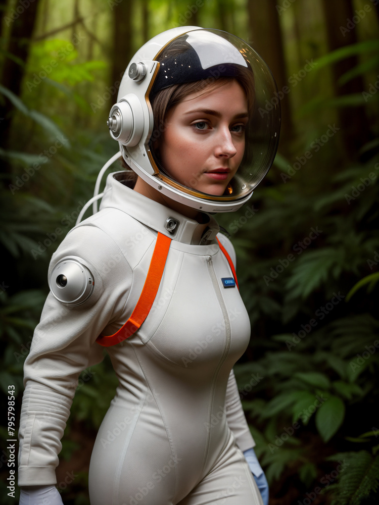 Futuristic woman astronaut in spacesuit and white-orange helmet in dense forest Futuristic woman astronaut in spacesuit and white-orange helmet in dense forest