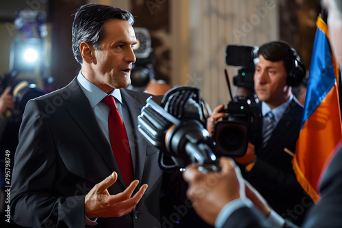 Serious male American politician talks with journalists, answers questions and gives interview for media and television news in government building. United States congressman during press conference. photo
