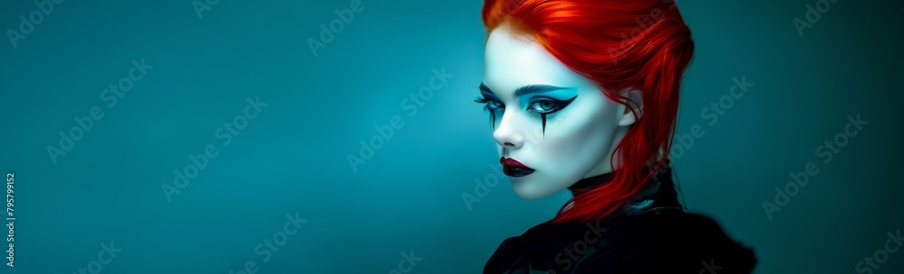 Portrait woman fiery red hair bold blue winged eye makeup teal background, copy space, fashion concept. Portrait woman fiery red hair bold blue winged eye makeup teal background, copy space, fashion concept.
