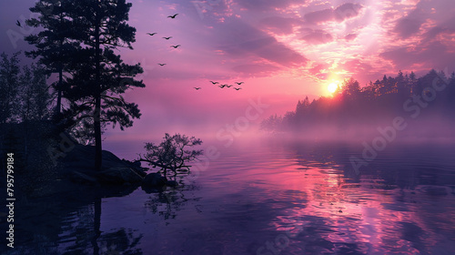 Fototapeta Naklejka Na Ścianę i Meble -  sunset over the lake with black silhouettes of trees and forest around a lake in purple colors