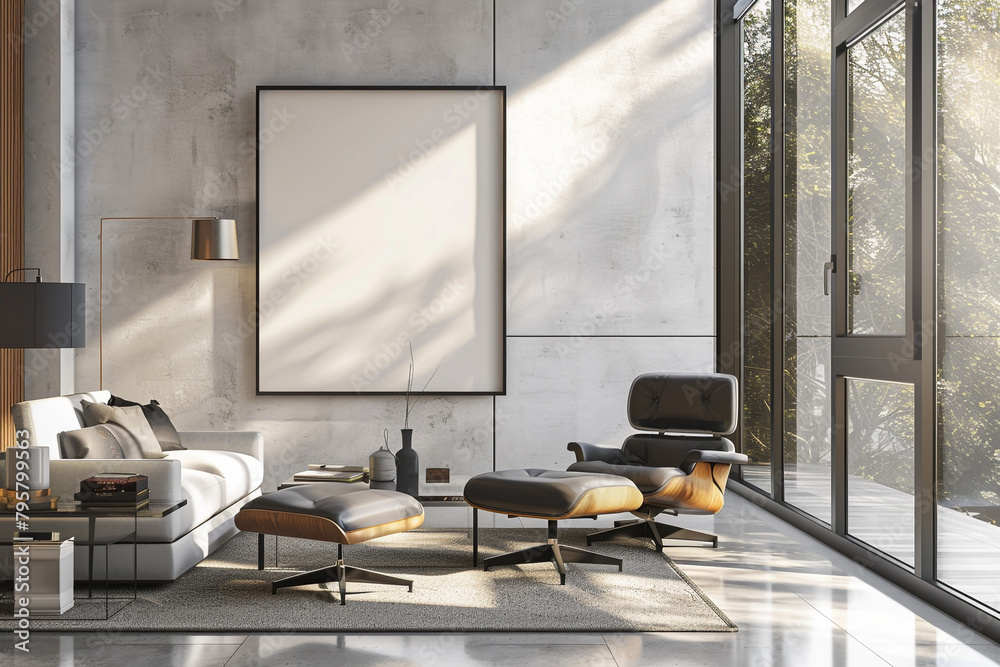 A sleek mock-up poster adorning the wall of a luxurious modern living room interior bathed in natural light.