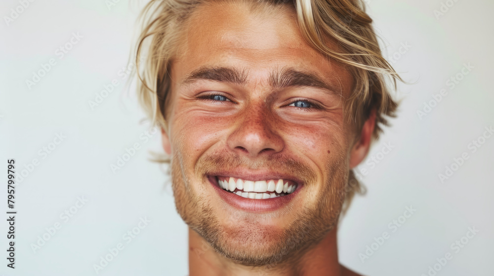 a closeup photo portrait of a handsome blonde scandinavian man smiling with clean teeth. for a dental ad. guy with fresh stylish hair with strong jawline. isolated on white background. a closeup photo portrait of a handsome blonde scandinavian man smiling with clean teeth. for a dental ad. guy with fresh stylish hair with strong jawline. isolated on white background.