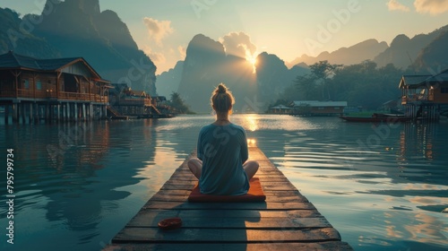 A relaxing traveler is  sitting on wooden bridge at Panyee island, Phan Nga, Thailand. photo
