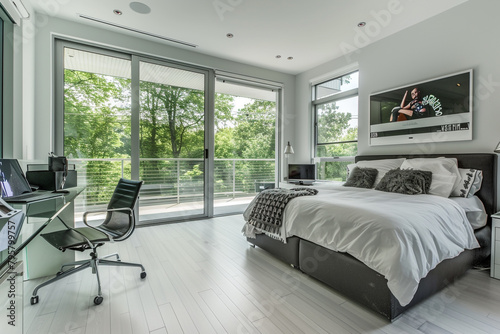 Bedroom home office view showcasing glass wall, bed, and desk arrangement with horizontal poster on wall. Crisp white wood flooring complements the contemporary design. photo