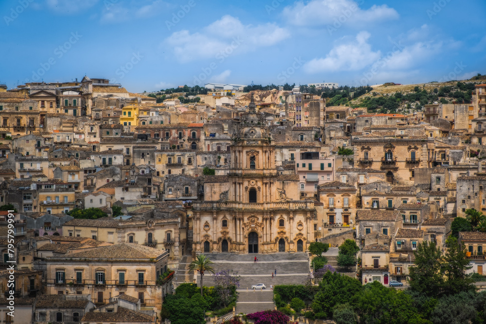 Detail of tightly packed homes in Ragusa Ibla, Sicily, Italy. June 2023