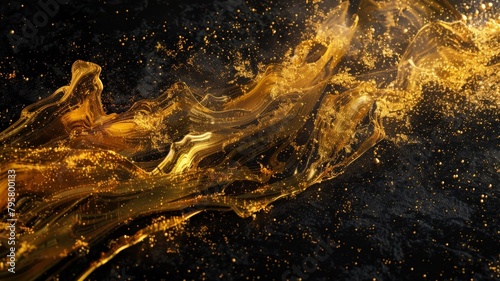Indulge in the richness of luxury with a gold and black liquid background  featuring dynamic swirls and splashes of gold against a backdrop of sleek black