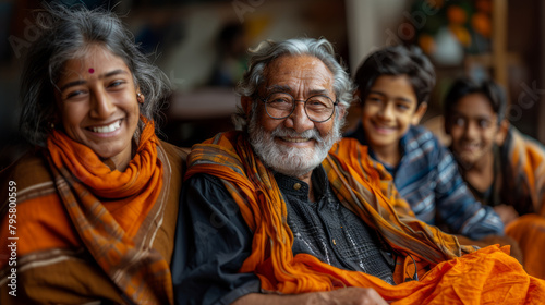 Joyful Indian family with a grandfather, grandmother, and two grandchildren sharing laughter and stories in a cozy home setting. photo