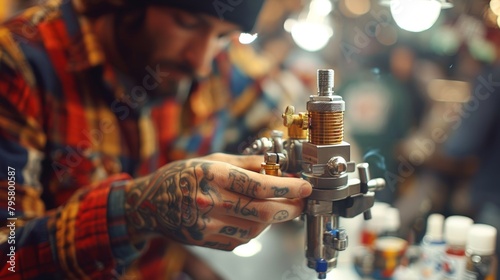 Tattoo artist's hand holding a tattoo machine, with detailed focus on his inked fingers and the equipment in a vibrant studio. photo
