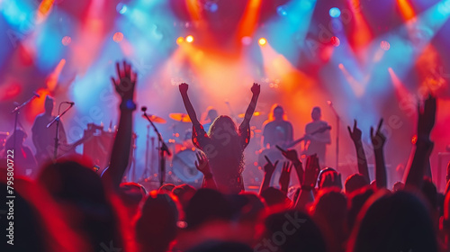 Energetic crowd with hands in the air enjoying a live music concert illuminated by dynamic, colorful stage lights and a band performing.