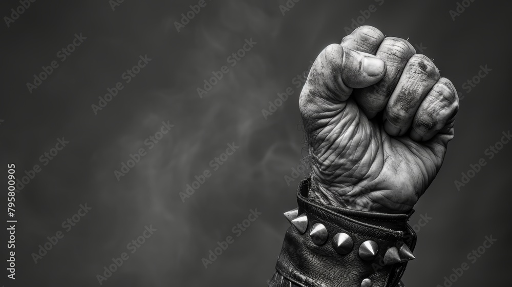 A powerful black and white photograph shows a hand raised in a rock sign, adorned with a studded leather cuff, implying strength and rebellion.