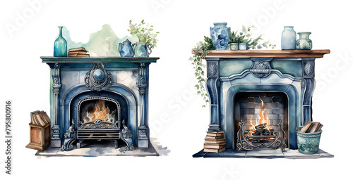 Fireplace, sea, watercolor clipart illustration with isolated background.