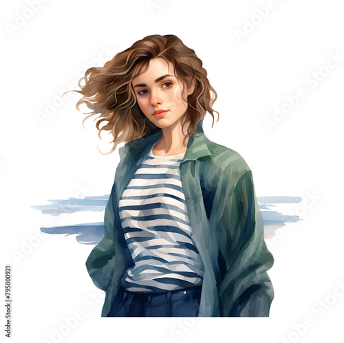 Woman, sea, watercolor clipart illustration with isolated background.