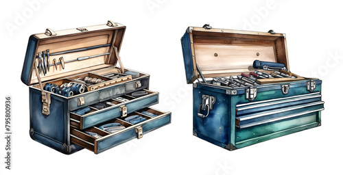 Toolbox, sea, watercolor clipart illustration with isolated background.