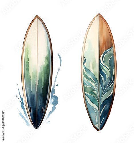 Surfboard, sea, watercolor clipart illustration with isolated background.