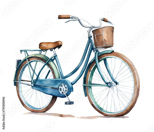 Bicycle, sea, watercolor clipart illustration with isolated background.