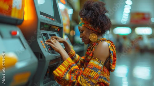 African American woman dressed in colorful traditional attire is typing her PIN at an ATM. She is located in a vibrant, busy shopping mall.