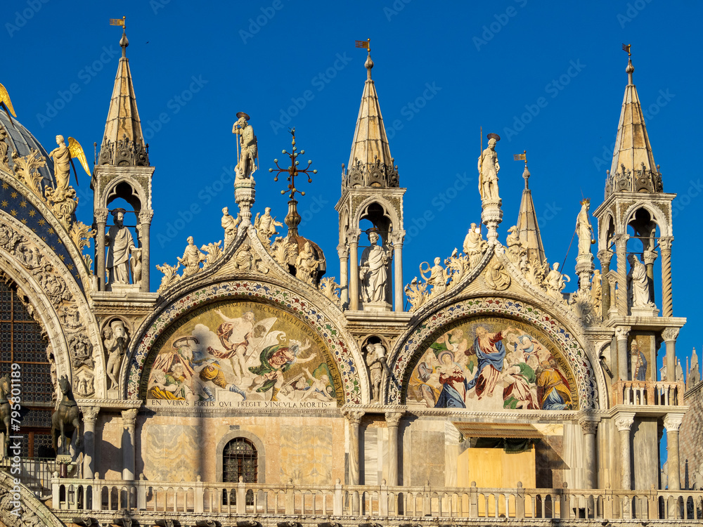 Facade detail of the San Marcos Basilica with mosaic with scenes from the life of Christ, Venice Facade detail of the San Marcos Basilica with mosaic with scenes from the life of Christ, Venice