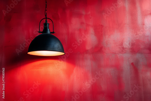 A lamp hangs against a red wall, casting its light and illuminating the area, with space available for text or presentation.