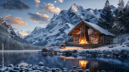 "Mountain Haven: Cozy Cabin with Roaring Fire and Snow-Capped Peaks View © Dustin