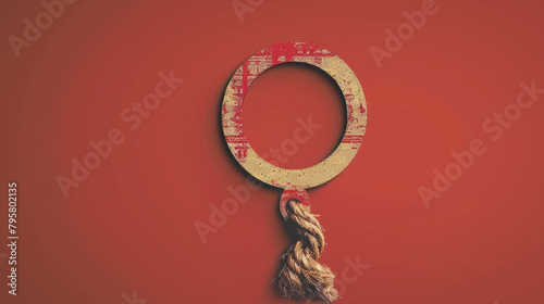 Conceptual image featuring a textile and wooden ring against a vibrant red background, symbolizing gender equality and unity.