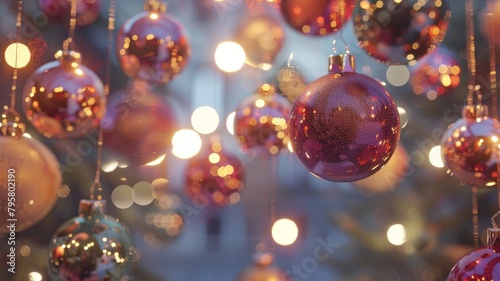 the enchanting holiday atmosphere as Christmas balls adorn the scene, gracefully hanging amidst an artfully blurred backdrop, their cheerful hues and glittering accents brought to life by an HD camera