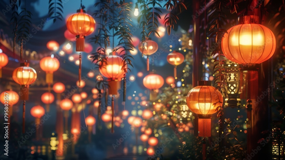 Immerse yourself in the enchanting glow of Chinese lanterns during the New Year festival with this breathtaking image